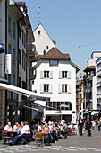 Pavement cafes at Barfuesserplatz, Gerbergasse, Basel, Switzerland