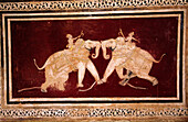 Elephants fighting, mural painting in Chitra Shala area of Bundi Palace. Vindhya Range, Rajasthan, India