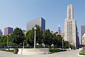 View of downtown Chicago from the heart of the city in Millennium Park. Chicago, Illinois. USA.