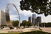 Renaissance Center and GM General Motors world headquarters. Downtown, Detroit (Michigan) as viewed from the Hart Plaza symbolizing Michigan s Labor Legacy Landmark