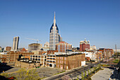Cityscape Skyline of Downtown Nashville Tennessee with view of Cumberland River taken from the Shelby Street pedestrian bridge. USA.
