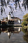 Town of Regen with reflection, Bavarian Forest, Lower Bavaria, Bavaria, Germany