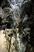 Woman looking in the deep limestone canyon of the Höllentalklamm at Wetterstein mountains, Bavaria, Germany