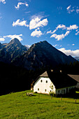View to alpine lodge Schafferreith with mountain Spitzmauer in background, Totes Gebirge, Upper Austria, Austria