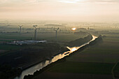 Aerial shot of Mittelland Kanal (midland canal) in the evening, Hanover (district), Lower Saxony, Germany