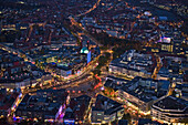 Aerial shot of city of Hanover at night, Lower Saxony, Germany