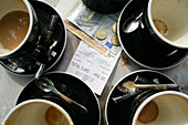 Four cups of coffee, Cafe au lait, in a cafe, Paris, France