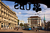 Switzerland, Zurich, Paradeplatz, UBS Logo, Credit Suisse, Tram