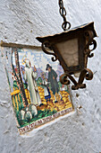 Lamp and Santa Catalina Tile on House, Valldemossa, Mallorca, Balearic Islands, Spain