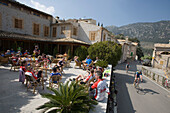 Cyclists Resting at Outdoor Cafe, Orient, Mallorca, Balearic Islands, Spain