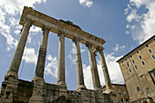 Ionic columns at Saturns temple at Roman Forum. Rome. Italy