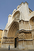 Gothic cathedral (built 12-14th century), front facing Pla de la Seu square. Tarragona. Spain.