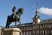 Felipe III statue at Plaza Mayor (Main square). Madrid. Spain.