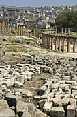 Oval forum and Cardo Maximus, archaeological site of Jerash. Jordan