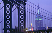 Manhattan Bridge and Empire State Building at night. New York City, USA