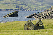 Ruins of ancient cattle building, Mousa island, Shetland, UK