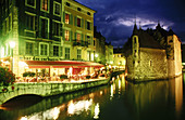 Restaurants along canal, Annecy. Savoie, France