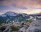 Setting sun over Mount Baker. Heather Meadows Recreation Area. Washington. USA.