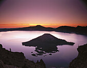 Pre-dawn light over Crater Lake and Wizard Lake. Crater Lake National Park. Oregon. USA.