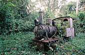 Old steam locomotive in the jungle near Cana old gold mines. Darién National Park, Panama