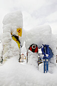 Skis covered with snow in Taos, New Mexico. USA