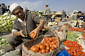 uygur sellers of tomatoes at kashgar sunday market. kashgar. xinjiang. china. asia.