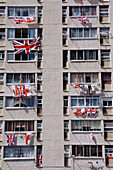 Building dressed with Gibraltar and Union jacks flags. Gibraltar. UK