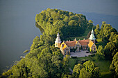 Old historical castle, lake, aerial view. Karsholm. Skåne. Sweden.