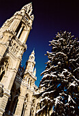 Snowfall on the City Hall (Rathaus) on the Ringstrasse in the First District, Vienna, Austria 