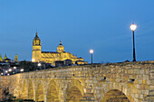 Roman bridge and new cathedral. View at nigth, Salamanca province. Castilla y Leon, Spain
