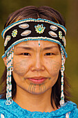 Yupik woman in native costume at the Alaska Native Heritage Center, Anchorage, Alaska