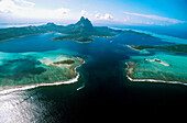 Bora-Bora and its lagoon, aerial view. Leeward Islands. French Polynesia.