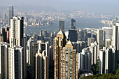 Skyscrapers in Hong Kong Island as seen from Victoria Peak. New territories on the other river bank. Hong Kong. China.