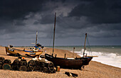 Fishing boats on the beach in Hastings, East Sussex, England, Europe