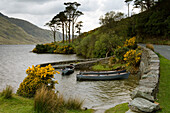 Lake with boats, Doo Lough, Connemara, County Mayo, Ireland, Europe