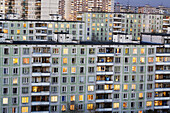 Apartment buildings in the evening with lights in windows, Moscow, Russia