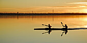 Two paddelers kayaking on Struer bay, Limfjorden, western Jutland, Denmark. Sunset and golden colors.