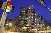 Evening shot, modern architecture, Dancing House by architects Gehry and Milunic, Prague, Czech Republic, Central Europe