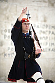 Soldier (evzones) on guard at the Monument to the Unknown Soldier in Syntagma Square, Athens. Greece