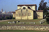San Julián de los Prados or Santullano Church and cathedral in background. Oviedo, Asturias, Spain