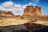 The Organ reflects in a temporary pool left by a passing storm, Arches National Park, Utah, USA.