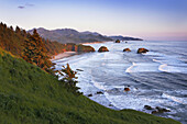 Ecola State Park overlooking Canon Beach, Oregon, at sunset.
