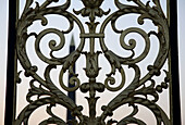 Tuileries Gardens, detail of park gate with Place de la Concorde obelisk. Paris. France