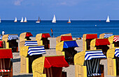 Strandkörbe am Strand im Sonnenlicht, Travemünde, Schleswig Holstein, Deutschland, Europa