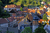 High angle view of Stolberg with Saiger Tower, Stolberg, Saxony-Anhalt, Germany