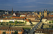 View to Old Main Bridge, Wurzburg Cathedral and town hall, Wurzburg, Bavaria, Germany