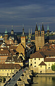 View to Old Main Bridge, Wurzburg Cathedral and town hall, Wurzburg, Bavaria, Germany