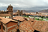 View over the rooftops of Cusco down to Plaza de Armas, Peru, South America