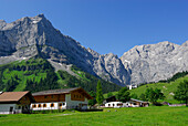 alpine huts of Enger Alm with mountain range, Eng, Karwendel range, Tyrol, Austria