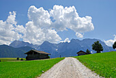 breiter Weg in Wiese mit Heustadeln auf Bergkulisse zu, Mittenwald, Karwendel, Oberbayern, Bayern, Deutschland